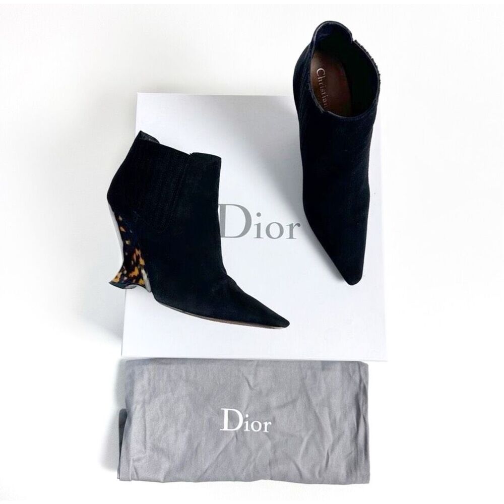 DIOR Optic-D Black Tortoiseshell Heel Ankle Boot Size 37.5 Pointed Toe Leather - Picture 5 of 16